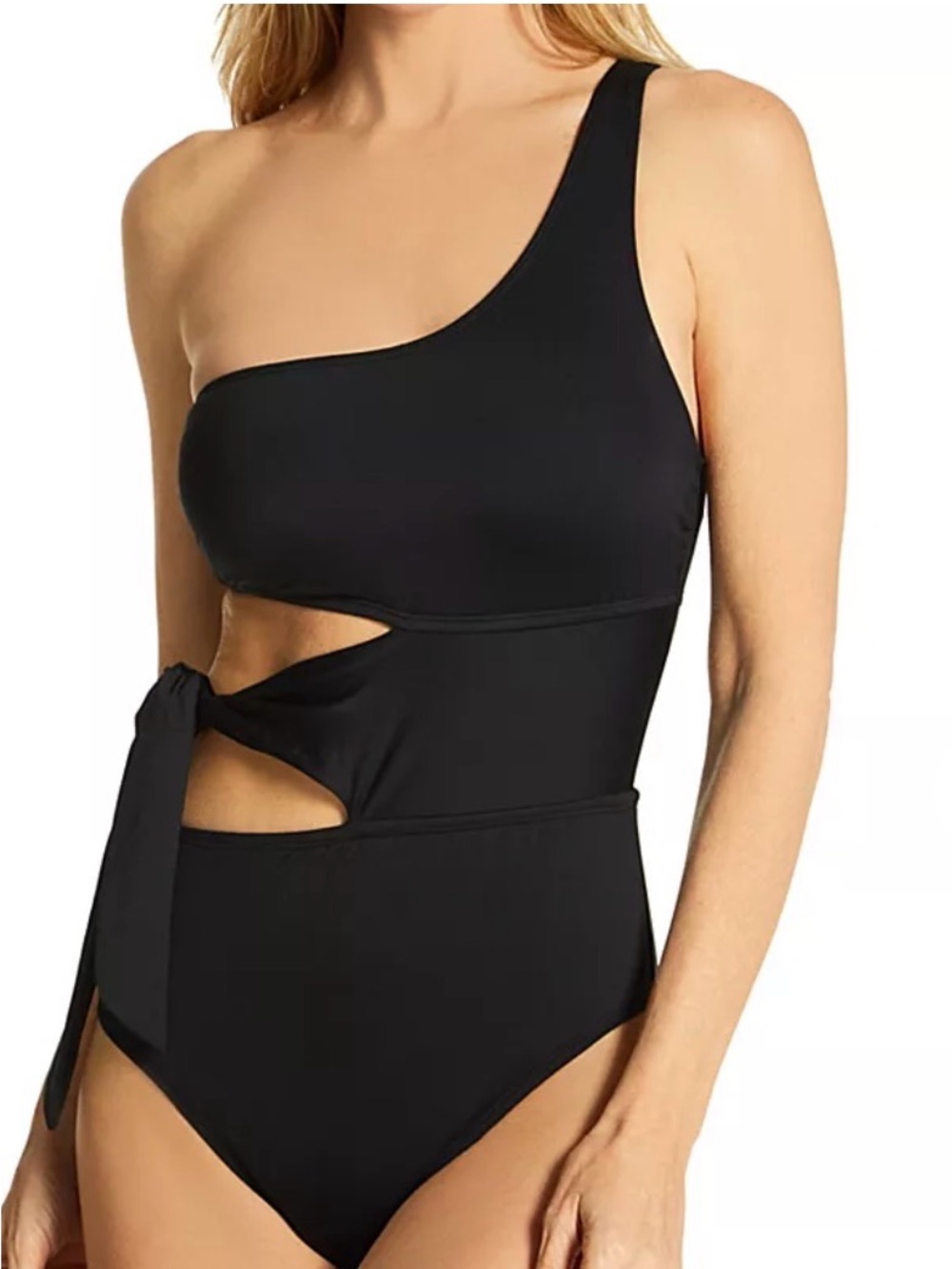 NWT La Blanca One-Shoulder Black Cutout Tie-Side One-Piece Swimsuit - Sz 10